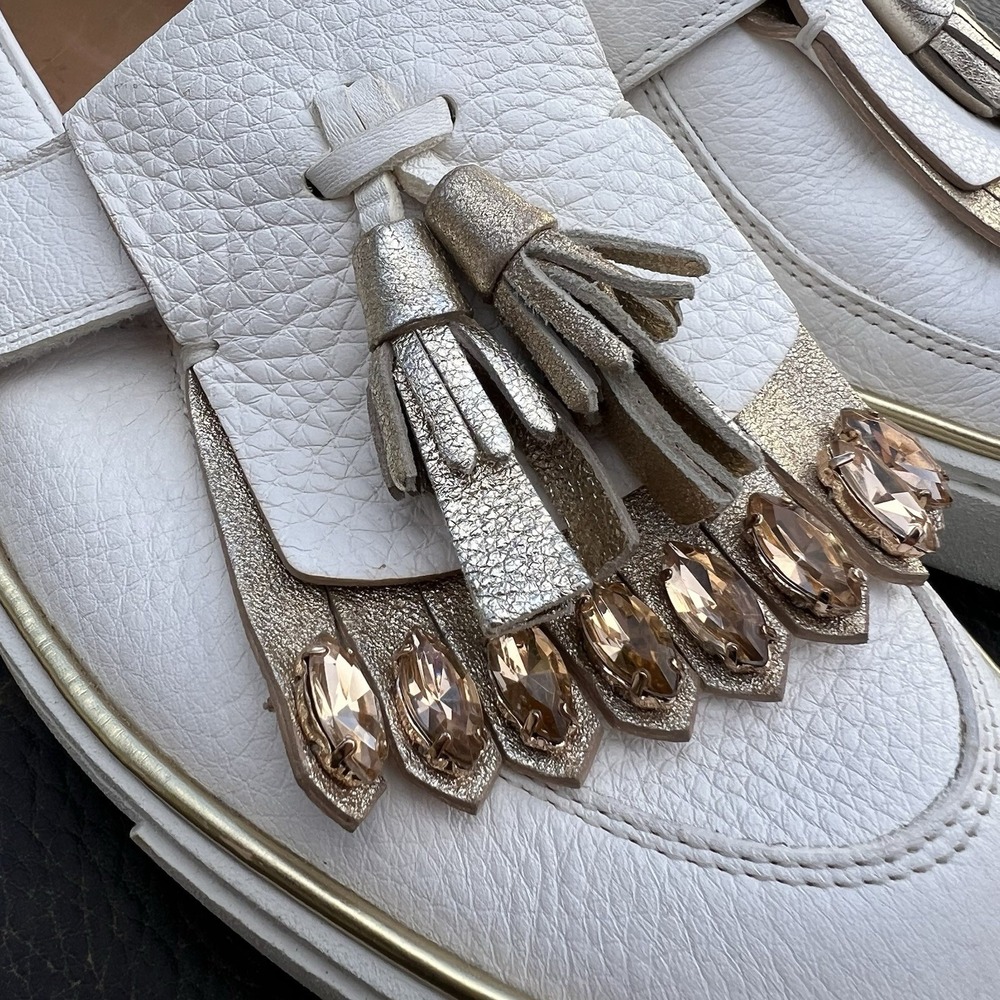 Santoni Womens US 8 EU 38.5 White Leather Loafer Slip On Shoe Strap Jewel - Picture 10 of 13